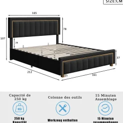 Lit 160x200 cm, Lit Coffre avec Rangement, Cadre de lit avec tête de Lit, Velours, Noir
