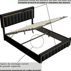 Lit 160x200 cm, Lit Coffre avec Rangement, Cadre de lit avec tête de Lit, Velours, Noir