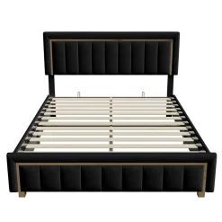 Lit 160x200 cm, Lit Coffre avec Rangement, Cadre de lit avec tête de Lit, Velours, Noir