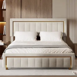 Lit 160x200 Cm, Lit Coffre Avec Rangement, Cadre De Lit Avec Tête De Lit, Velours, Beige