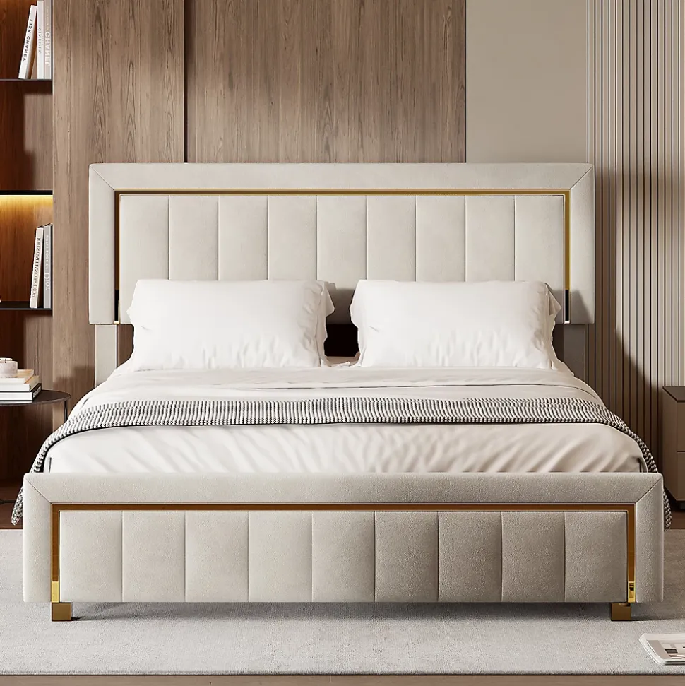 Lit 160x200 Cm, Lit Coffre Avec Rangement, Cadre De Lit Avec Tête De Lit, Velours, Beige