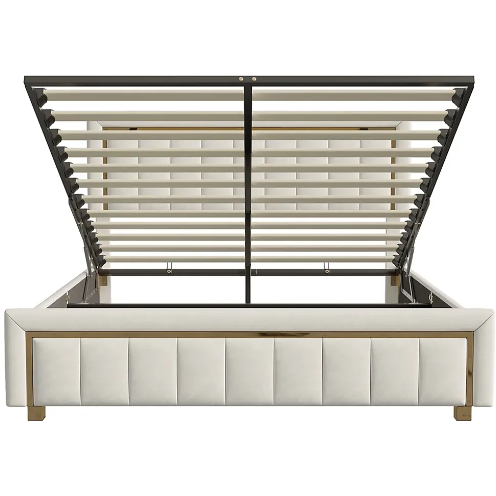 Lit 160x200 Cm, Lit Coffre Avec Rangement, Cadre De Lit Avec Tête De Lit, Velours, Beige