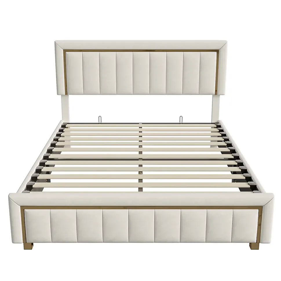 Lit 160x200 Cm, Lit Coffre Avec Rangement, Cadre De Lit Avec Tête De Lit, Velours, Beige