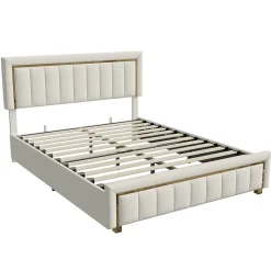 Lit 160x200 cm, Lit Coffre avec Rangement, Cadre de lit avec tête de Lit, Velours, Beige