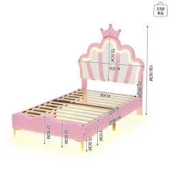 Lit 90x200 cm, lit princess avec LED, tête de lit couronne, design moderne, rose