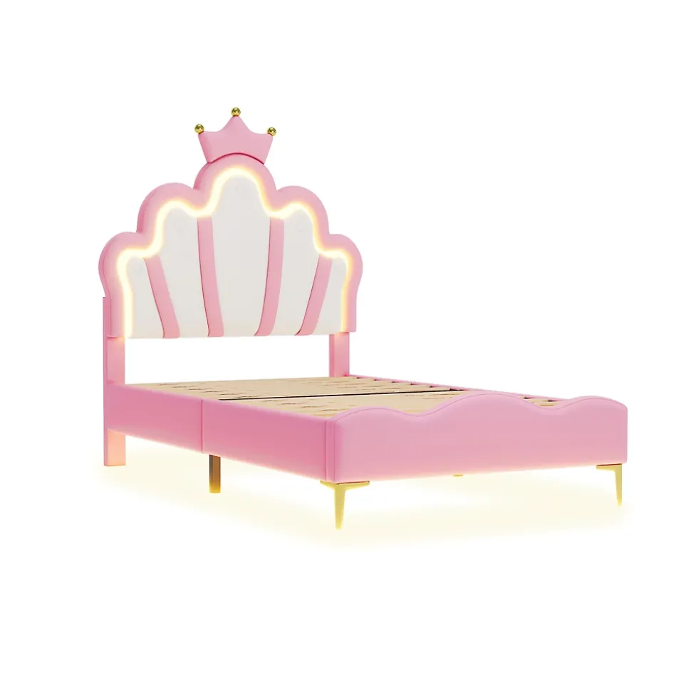 Lit 90x200 cm, lit princess avec LED, tête de lit couronne, design moderne, rose