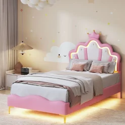 Lit 90x200 cm, lit princess avec LED, tête de lit couronne, design moderne, rose