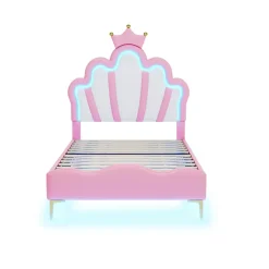 Lit 90x200 cm, lit princess avec LED, tête de lit couronne, design moderne, rose