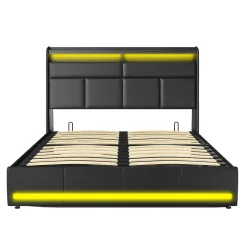 Lit 140x200 cm, Lit rembourré avec lumières LED, Lit à Fonction hydraulique lit d'appoint, pour Adultes, PU, Noir