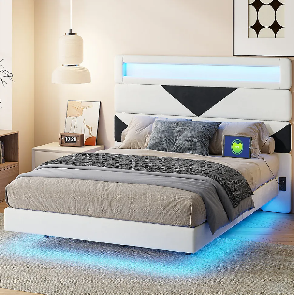 Lit 160x200 cm, MDF, avec USB et éclairage LED, Cadre de lit, lit flottant avec Tête de lit triangle, - Blanc