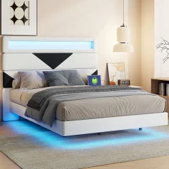 Lit 160x200 cm, MDF, avec USB et éclairage LED, Cadre de lit, lit flottant avec Tête de lit triangle, - Blanc