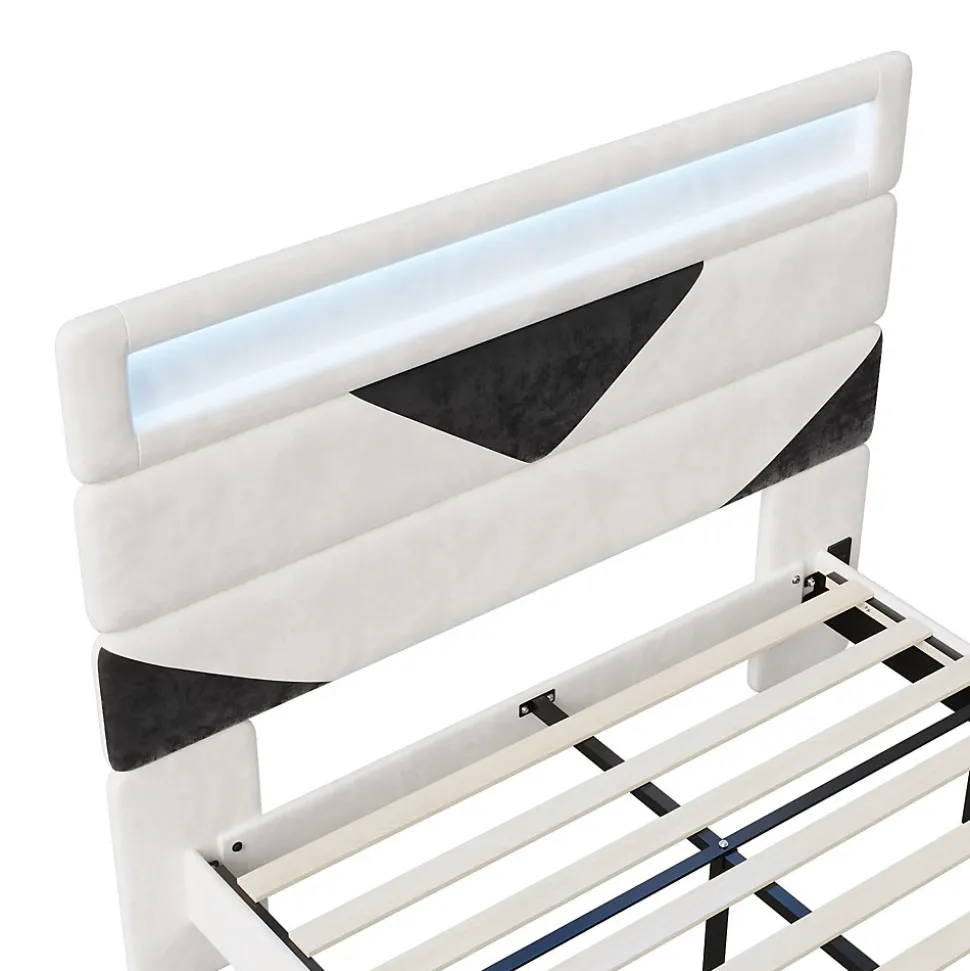 Lit 160x200 cm, MDF, avec USB et éclairage LED, Cadre de lit, lit flottant avec Tête de lit triangle, - Blanc