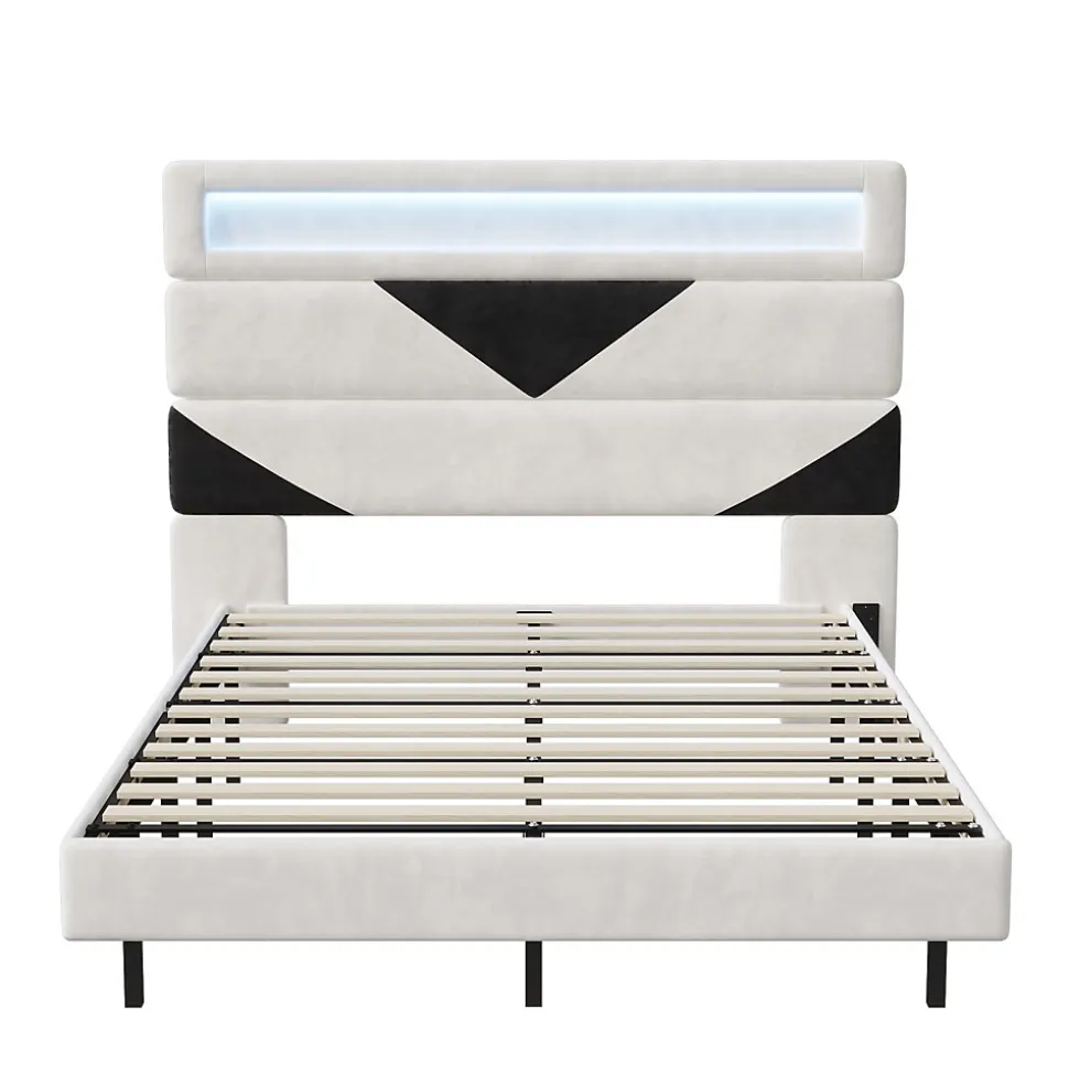 Lit 160x200 cm, MDF, avec USB et éclairage LED, Cadre de lit, lit flottant avec Tête de lit triangle, - Blanc