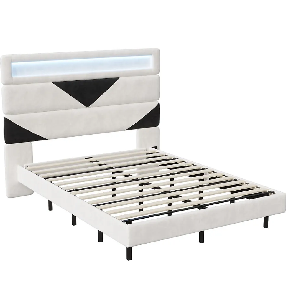 Lit 160x200 cm, MDF, avec USB et éclairage LED, Cadre de lit, lit flottant avec Tête de lit triangle, - Blanc