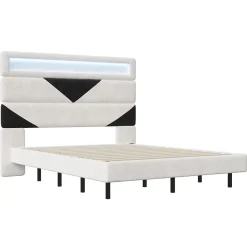 Lit 160x200 cm, MDF, avec USB et éclairage LED, Cadre de lit, lit flottant avec Tête de lit triangle, - Blanc