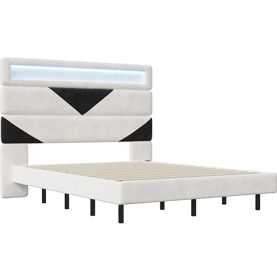 Lit 160x200 cm, MDF, avec USB et éclairage LED, Cadre de lit, lit flottant avec Tête de lit triangle, - Blanc