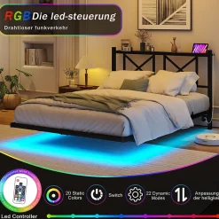 Lit 120x200 cm métal noir avec effet flottant et bande LED intégrée, design contemporain et lignes épurées