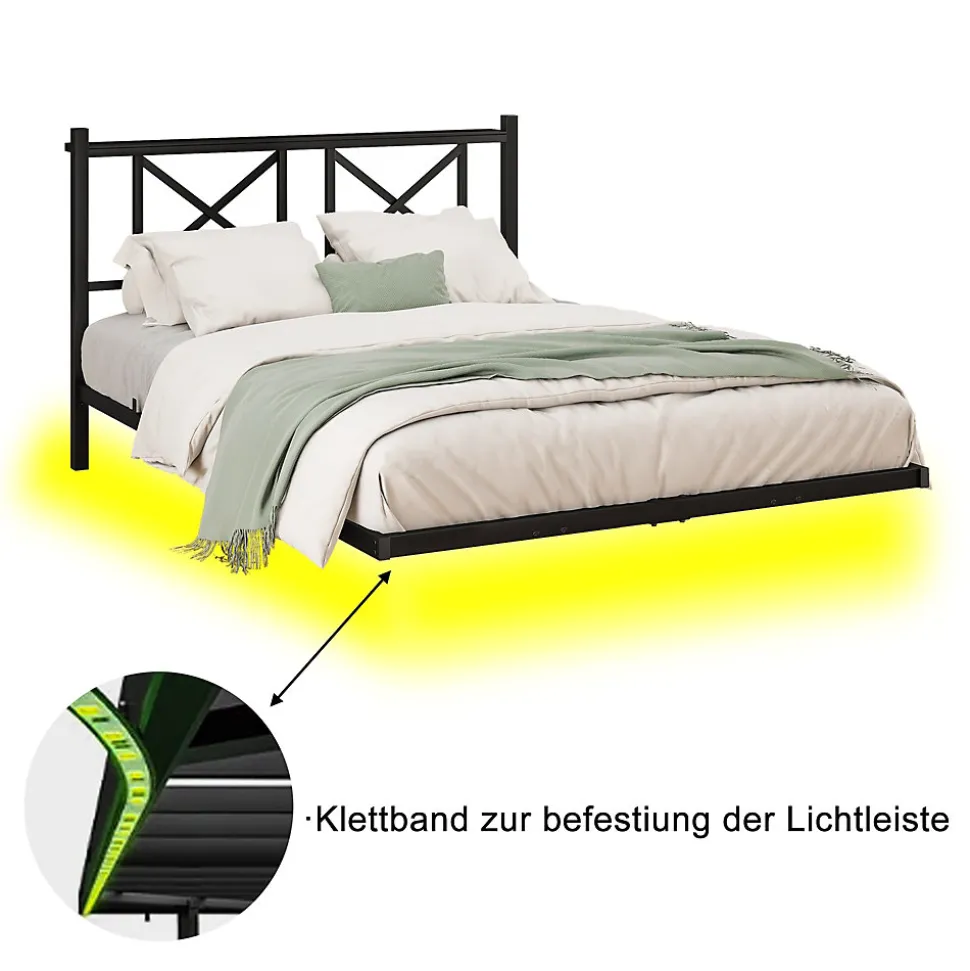 Lit 120x200 cm métal noir avec effet flottant et bande LED intégrée, design contemporain et lignes épurées