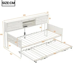 Lit 90x200 cm multifonctionnel blanc avec rangements intégrés, prises électriques et cadre métal élégant