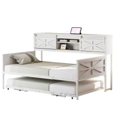 Lit 90x200 cm multifonctionnel blanc avec rangements intégrés, prises électriques et cadre métal élégant