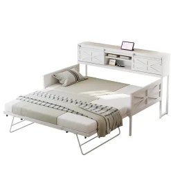 Lit 90x200 cm multifonctionnel blanc avec rangements intégrés, prises électriques et cadre métal élégant