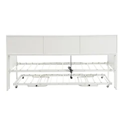 Lit 90x200 cm multifonctionnel blanc avec rangements intégrés, prises électriques et cadre métal élégant