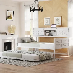 Lit 90x200 cm multifonctionnel blanc avec rangements intégrés, prises électriques et cadre métal élégant