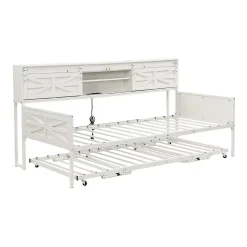 Lit 90x200 cm multifonctionnel blanc avec rangements intégrés, prises électriques et cadre métal élégant