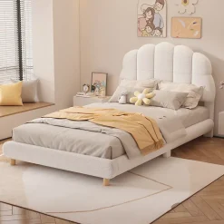 Lit 90x200 cm pour enfant avec tête de lit rembourrée en plush blanc, cadre MDF, design floral et moderne
