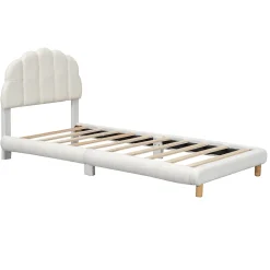 Lit 90x200 cm pour enfant avec tête de lit rembourrée en plush blanc, cadre MDF, design floral et moderne