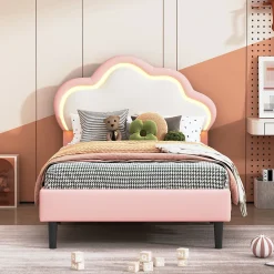 Lit 90x200 cm pour fille avec LED, tête de lit nuage ajustable, sommier à lattes, PU rose