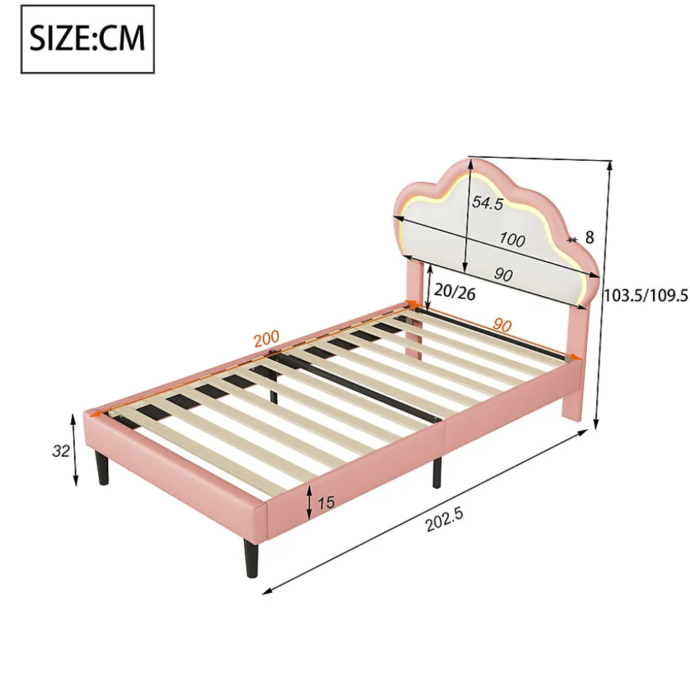 Lit 90x200 cm pour fille avec LED, tête de lit nuage ajustable, sommier à lattes, PU rose