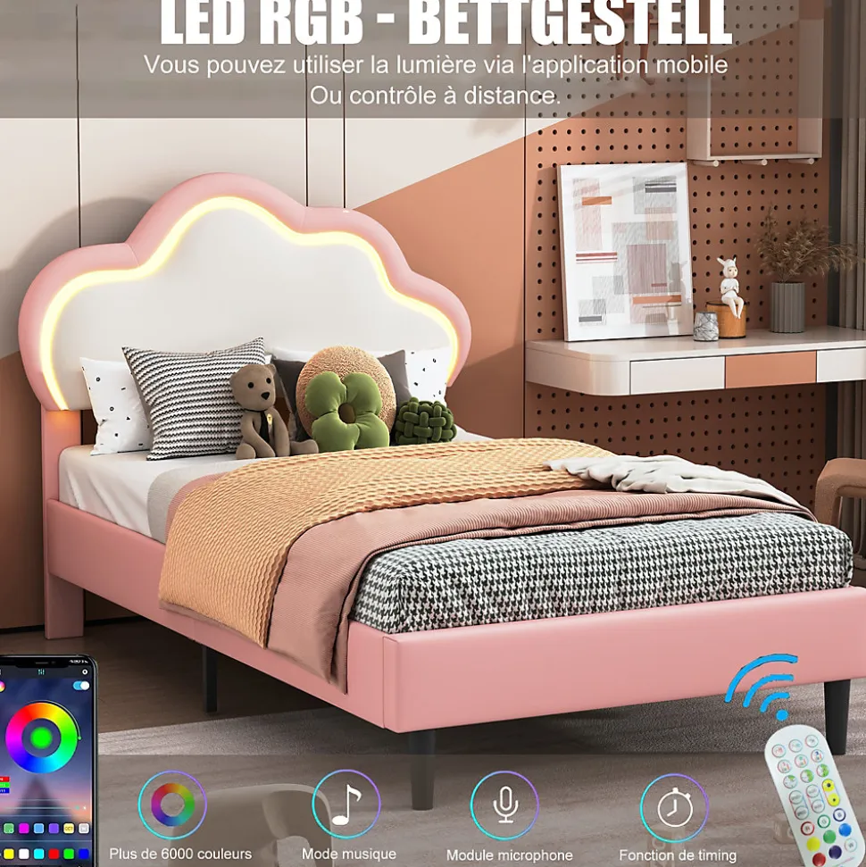 Lit 90x200 cm pour fille avec LED, tête de lit nuage ajustable, sommier à lattes, PU rose