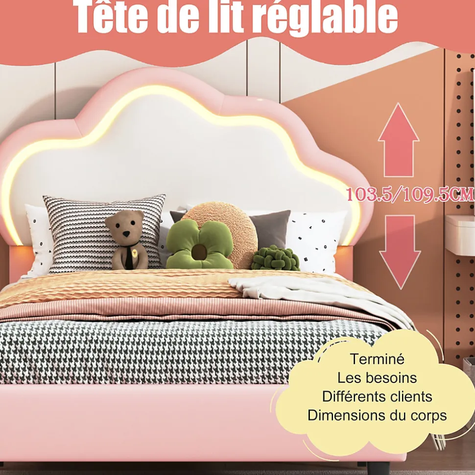 Lit 90x200 cm pour fille avec LED, tête de lit nuage ajustable, sommier à lattes, PU rose