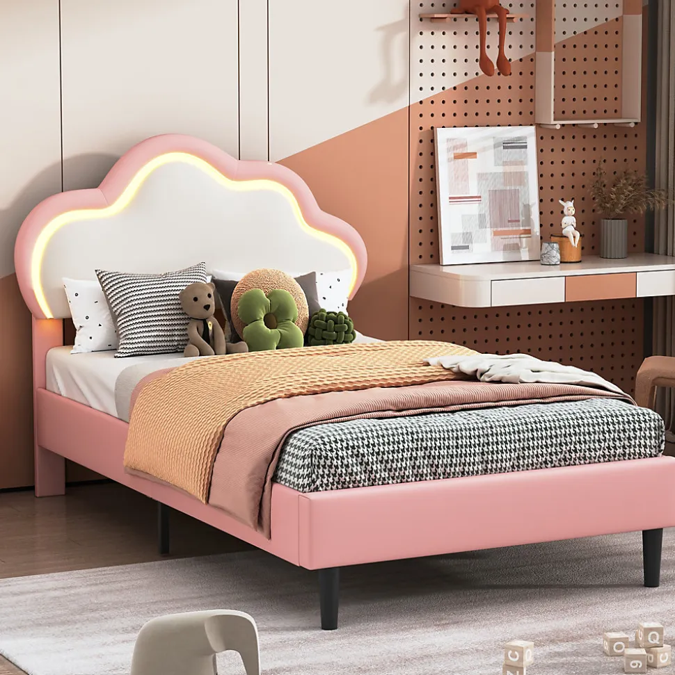 Lit 90x200 cm pour fille avec LED, tête de lit nuage ajustable, sommier à lattes, PU rose