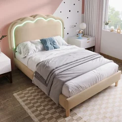 Lit 90x190 cm rembourré en lin beige avec tête de lit pouf LED réglable, cadre robuste et style contemporain