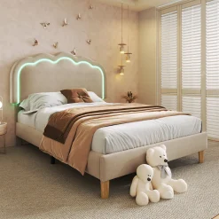 Lit 90x190 cm rembourré en lin beige avec tête de lit pouf LED réglable, cadre robuste et style contemporain