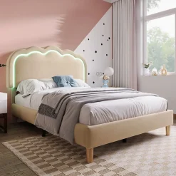 Lit 90x190 cm rembourré en lin beige avec tête de lit pouf LED réglable, cadre robuste et style contemporain