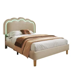 Lit 90x190 cm rembourré en lin beige avec tête de lit pouf LED réglable, cadre robuste et style contemporain