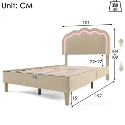 Lit 90x190 cm rembourré en lin beige avec tête de lit pouf LED réglable, cadre robuste et style contemporain