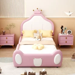 Lit 90x200 cm rembourré en simili cuir bicolore blanc et rose avec tête en forme de couronne, design enfant