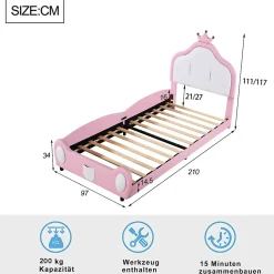 Lit 90x200 cm rembourré en simili cuir bicolore blanc et rose avec tête en forme de couronne, design enfant