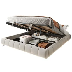 Lit 180x200 cm sans tête de lit avec rangement hydraulique et bande LED blanche, revêtement flanellette beige