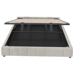 Lit 180x200 cm sans tête de lit avec rangement hydraulique et bande LED blanche, revêtement flanellette beige