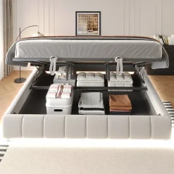 Lit 180x200 cm sans tête de lit avec rangement hydraulique et bande LED blanche, revêtement flanellette beige