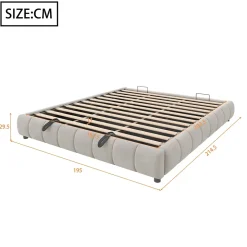 Lit 180x200 cm sans tête de lit avec rangement hydraulique et bande LED blanche, revêtement flanellette beige