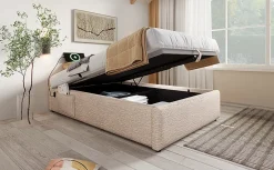 Lit 90x200 cm sommier relevable avec coffre de rangement tapissé lin naturel USB et Type C intégrés