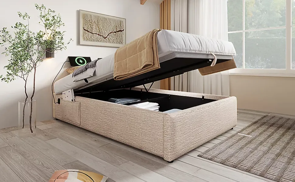 Lit 90x200 cm sommier relevable avec coffre de rangement tapissé lin naturel USB et Type C intégrés