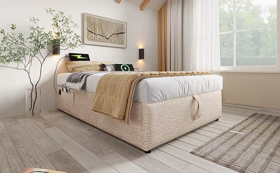Lit 90x200 cm sommier relevable avec coffre de rangement tapissé lin naturel USB et Type C intégrés