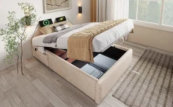 Lit 90x200 cm sommier relevable avec coffre de rangement tapissé lin naturel USB et Type C intégrés